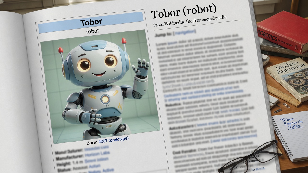 Open encyclopedia on a wooden desk showing a Wikipedia-style article titled Tobor (robot), with a smiling blue-and-white robot waving from the infobox, stacked robotics books, a ruler, glasses, and a notebook of Tobor research notes.